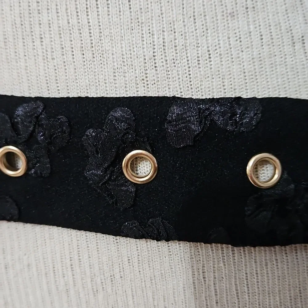 Elegant Black Floral Textured Fabric Belt with Gold Accents